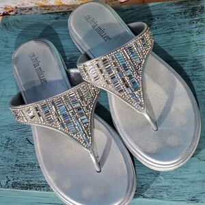 Olivia Miller Women's Embellished Silver Thong Sandals